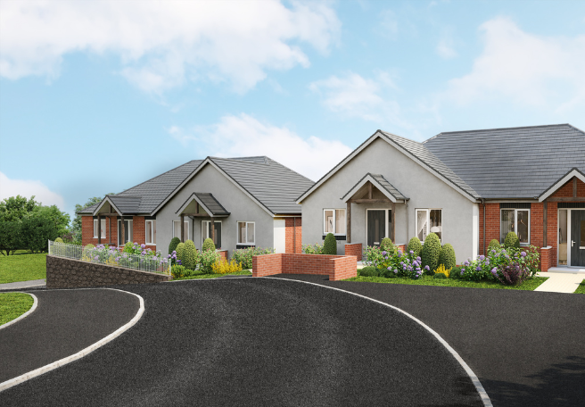 Street view of two bungalows on the corner of a road on a sunny day with blue skies
