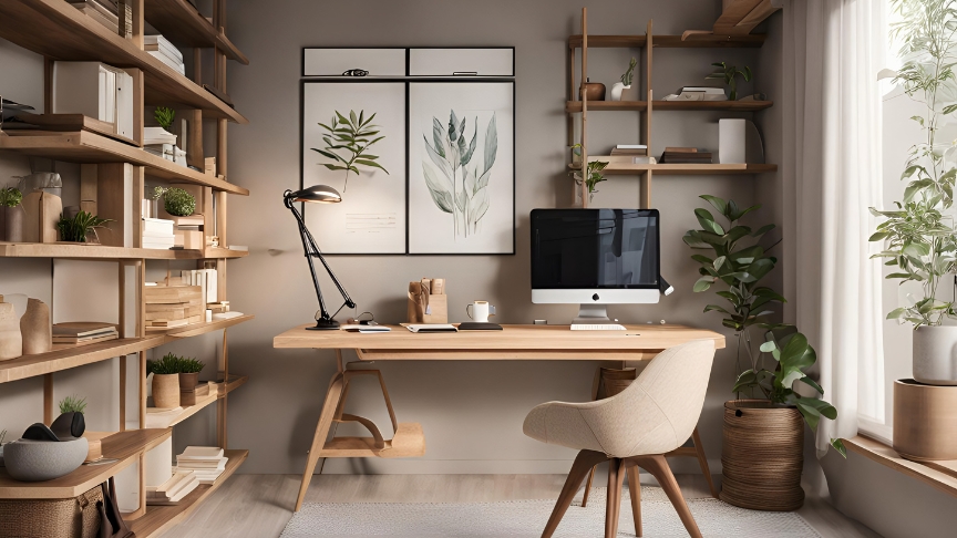 A modern contemporary office space with desk, computer and shelving for storage