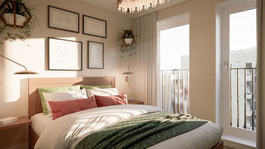 Beautiful and well-styled bedroom with lots of open light from the two windows