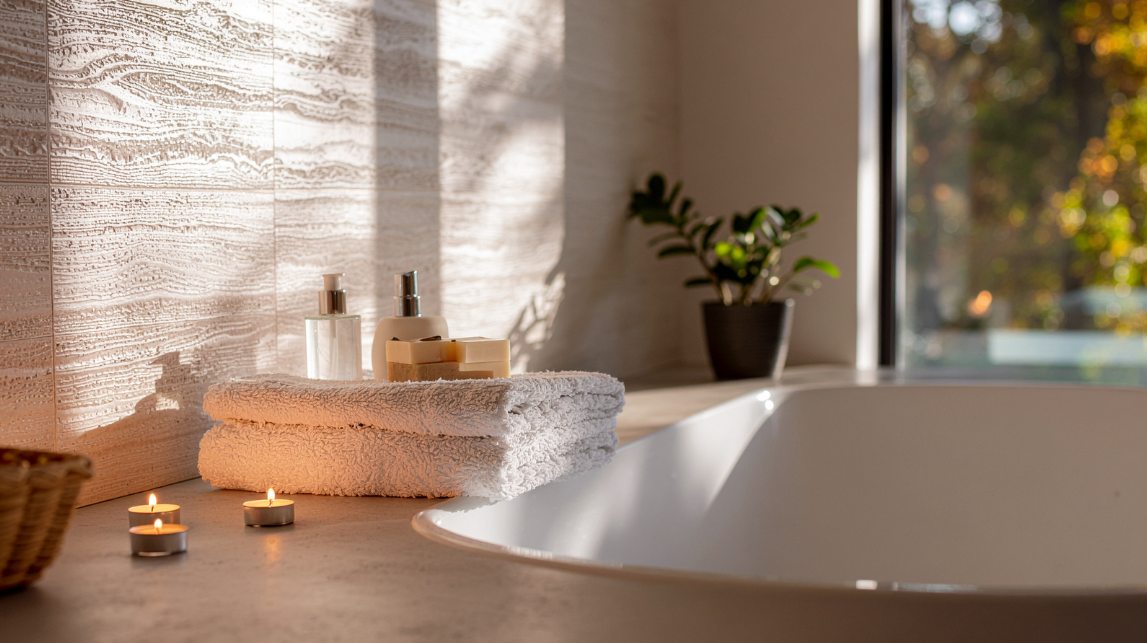 A warm relaxing photo of bath with lit candles, towels and skincare products on the side of it.