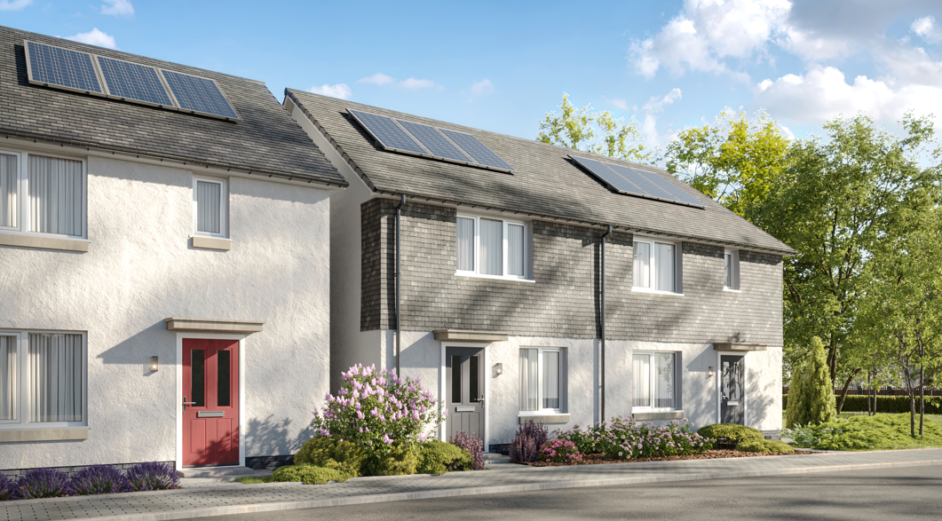 Modern terrace homes with light render and grey cladding, featuring rooftop solar panels, colourful front doors and landscaped front gardens with shrubs and flowers under a bright blue sky.