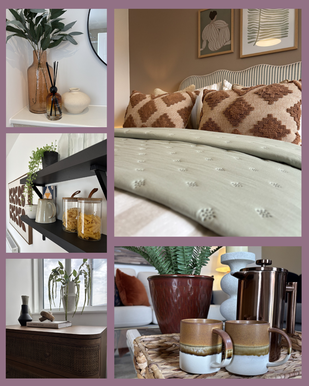 Collage of styled home interior details in warm, neutral tones. Images include a neatly made bed with textured brown patterned cushions and soft green bedding, decorative shelving with glass jars and trailing plants, a bedside vignette with a glass vase, diffuser and ceramics, a wooden cabinet beneath a window with a potted plant, and a coffee tray with two mugs and a French press. The spaces feature natural materials, soft lighting and earthy colours for a calm, contemporary feel.