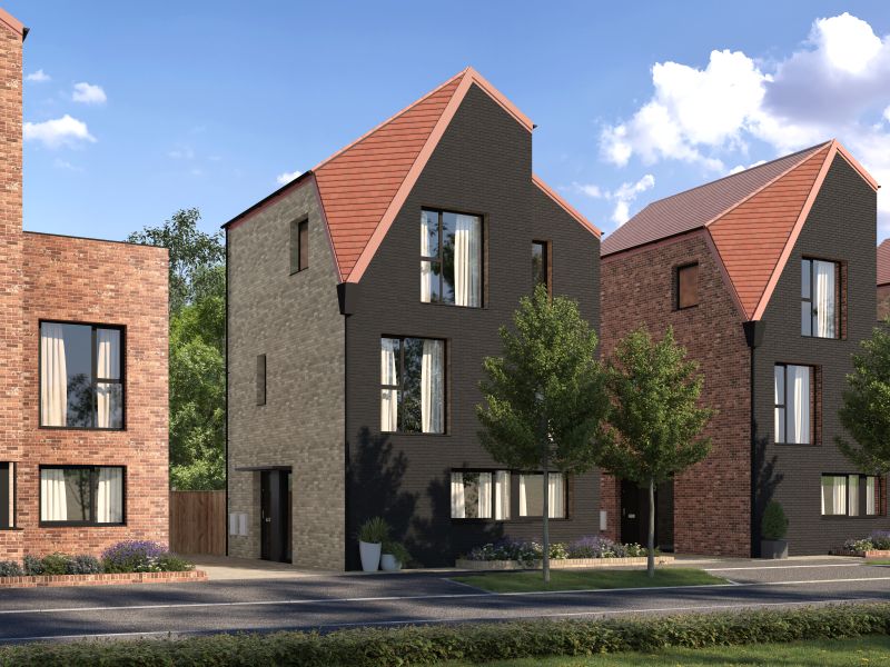 Contemporary three-storey homes with dark brick facades, pitched roofs, large windows and landscaped front gardens.