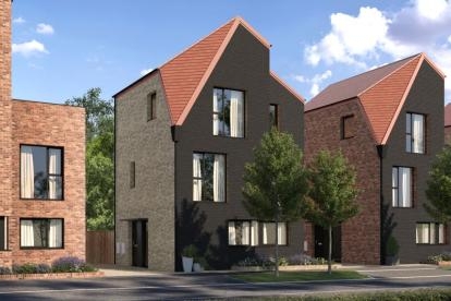 Contemporary three-storey homes with dark brick facades, pitched roofs, large windows and landscaped front gardens.