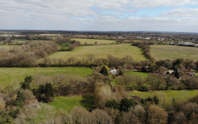 An aerial view of countryside fields in Essex