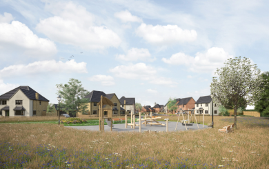 A computer-generated image of a children's playground at a new build development