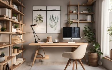 A modern contemporary office space with desk, computer and shelving for storage