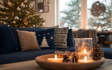 Festive living room decor with a lit tree, blue sofa with festive pillows, and candles on a wooden tray for a cosy holiday vibe.