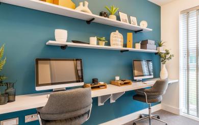 Modern home office with two desktop workstations, floating shelves, indoor plants and a teal feature wall.