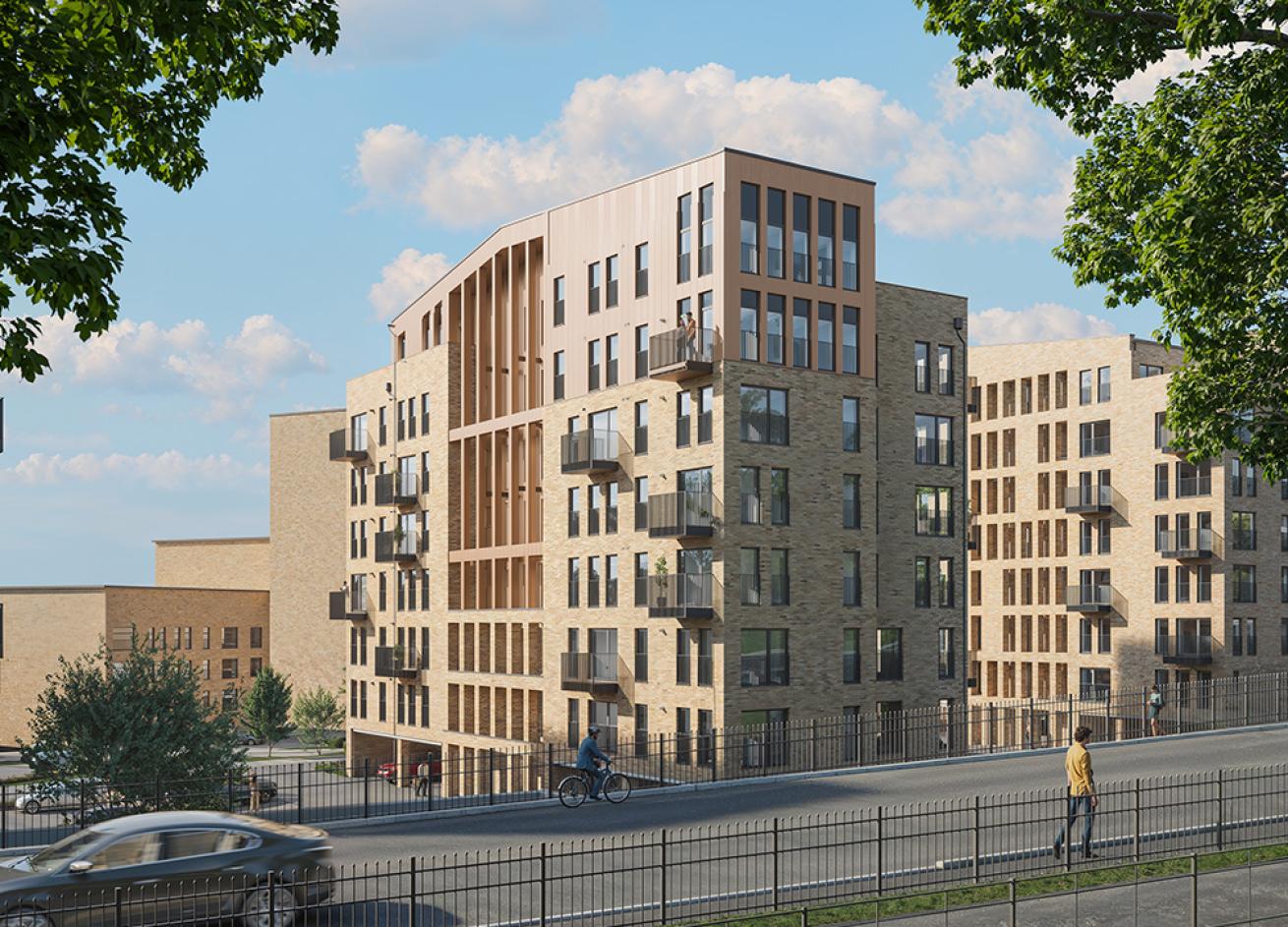 Exterior image of The Victoria Exterior computer-generated image of the Glasgow development The Victoria, phase two release.