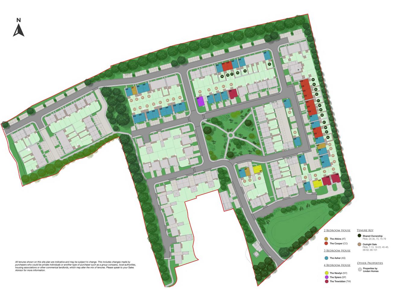 Morva Reach site plan showing streets, houses, green spaces, and color-coded plots for different house types and tenure options.
