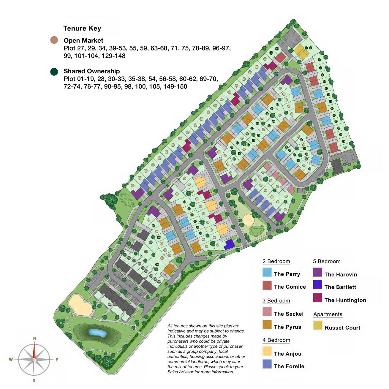 Southfields site plan featuring multiple streets, green areas, and color-coded plots for various house types and tenure options