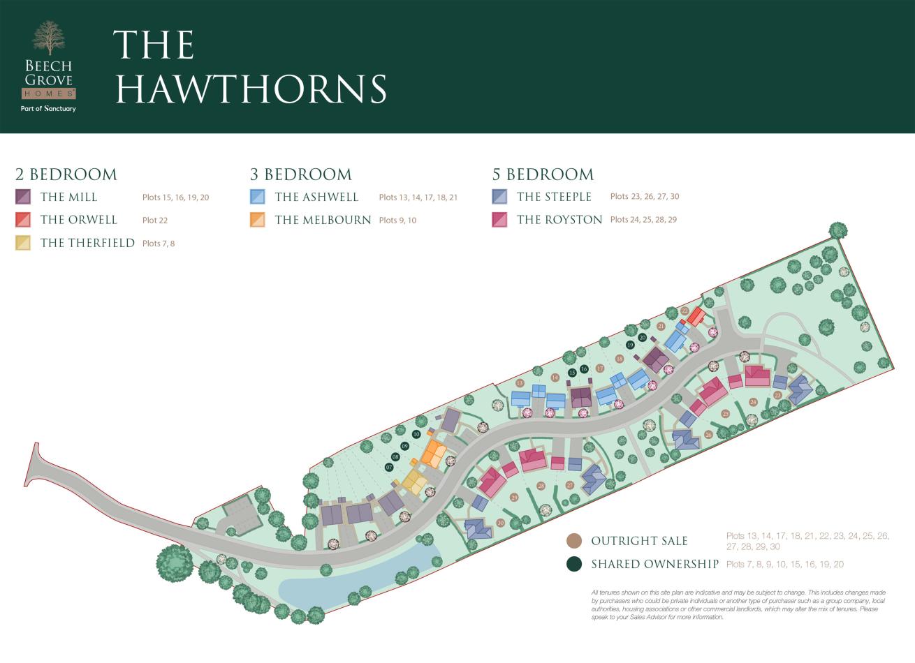 The Hawthorns site plan with a curved road, landscaped areas, and color-coded plots for 2, 3, and 5-bedroom homes