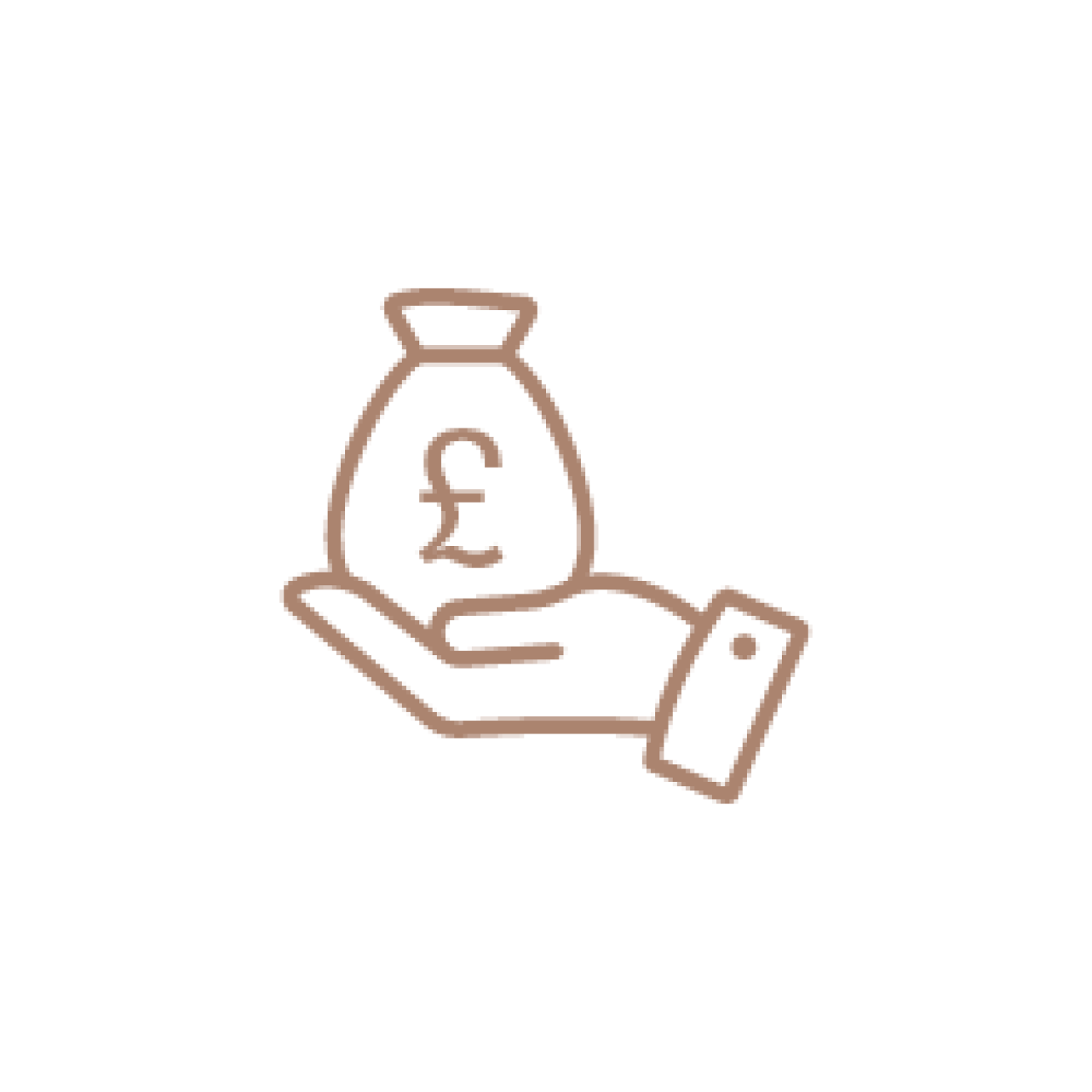 A bronze icon showing a hand holding a bag of money - indicating savings