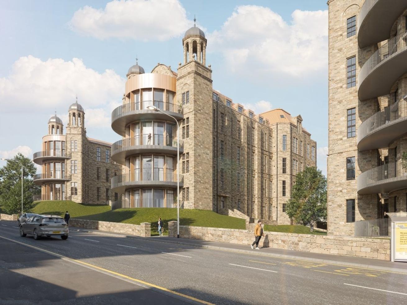 Wide view of The Nightingale apartment development featuring stone buildings, landscaped embankments and modern curved balconies.