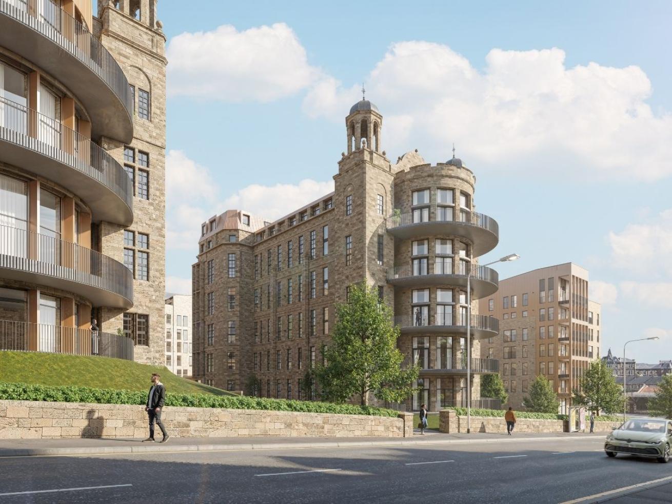 Street-level view of The Nightingale residential development showcasing stone architecture, landscaped grounds and curved balconies.
