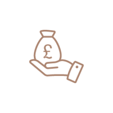 A bronze icon showing a hand holding a bag of money - indicating savings