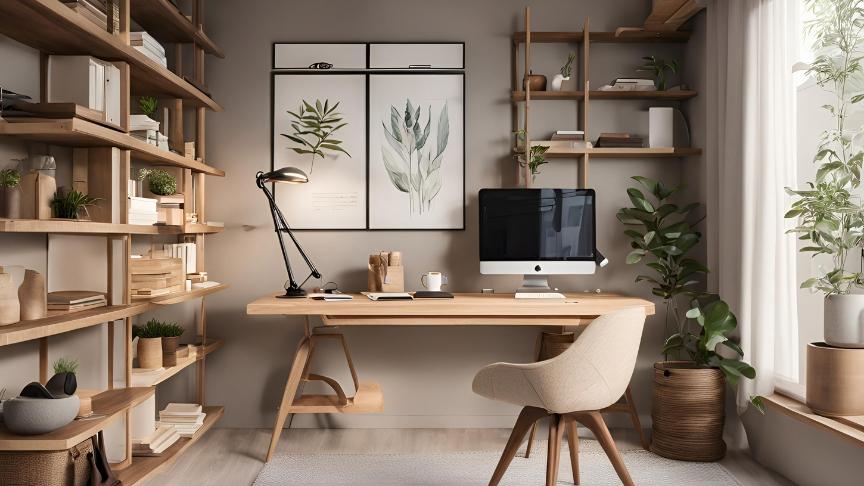 A modern contemporary office space with desk, computer and shelving for storage