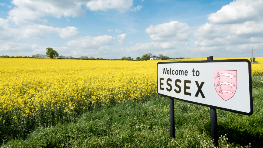 A sign in front of a large field of blooming yellow rapeseed which reads Welcome to Essex