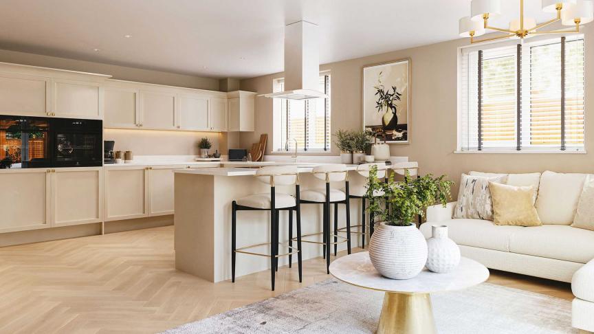  Contemporary kitchen and living space with cream cabinets, a breakfast bar with three stools, a white sofa, a round coffee table with decorative vases, and large windows allowing natural light to fill the room.