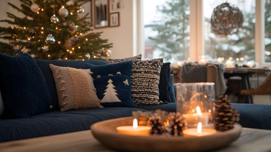 Festive living room decor with a lit tree, blue sofa with festive pillows, and candles on a wooden tray for a cosy holiday vibe.