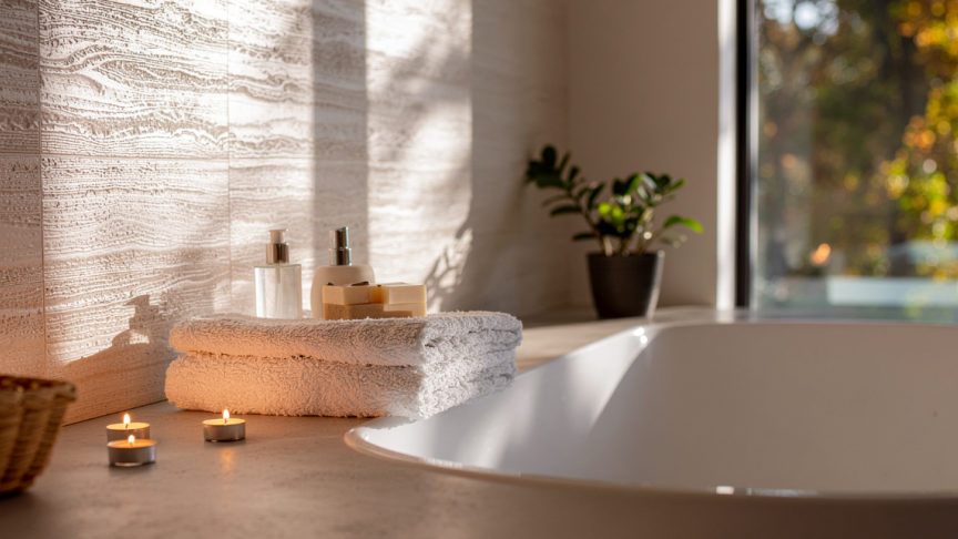 A warm relaxing photo of bath with lit candles, towels and skincare products on the side of it.