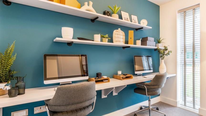 Modern home office with two desktop workstations, floating shelves, indoor plants and a teal feature wall.