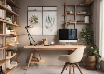 A modern contemporary office space with desk, computer and shelving for storage