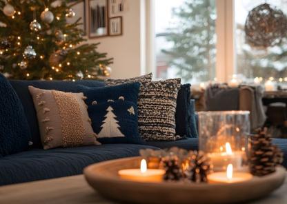 Festive living room decor with a lit tree, blue sofa with festive pillows, and candles on a wooden tray for a cosy holiday vibe.