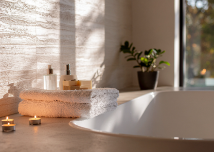 A warm relaxing photo of bath with lit candles, towels and skincare products on the side of it.
