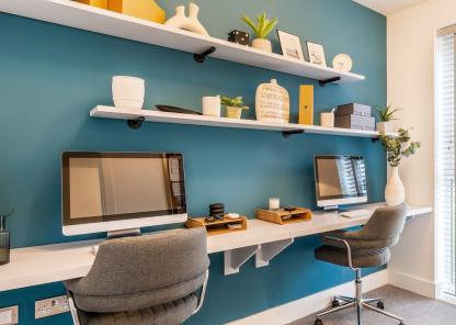 Modern home office with two desktop workstations, floating shelves, indoor plants and a teal feature wall.