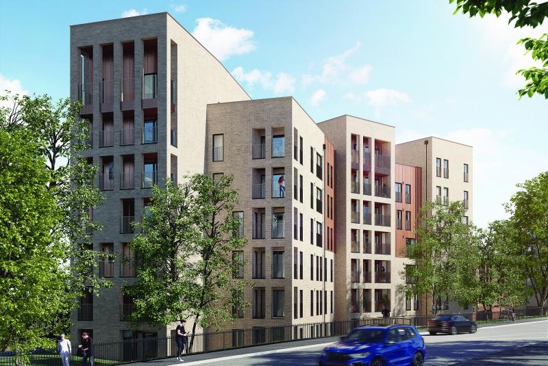 A computer generated image representing the Park Pavillions, a set of modern apartment blocks